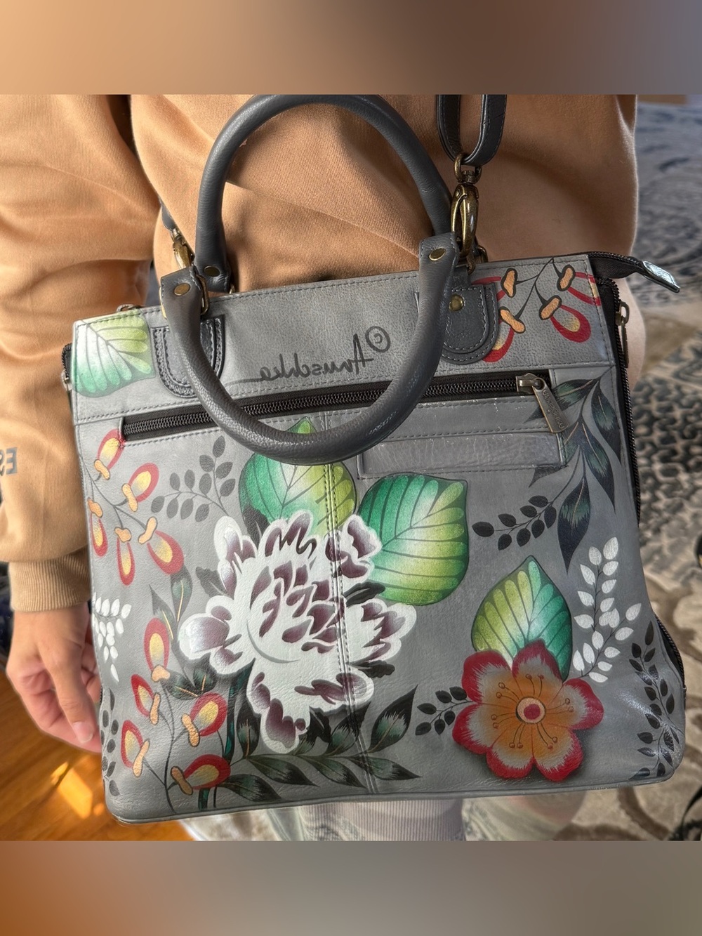 Anuschka Gray Hand-Painted Floral Leather Satchel with Multicolor Blooms